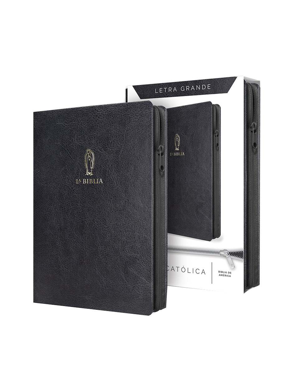 Biblia Católica: Edición letra grande. Símil piel negra, con cremallera, con Virgen de Guadalupe