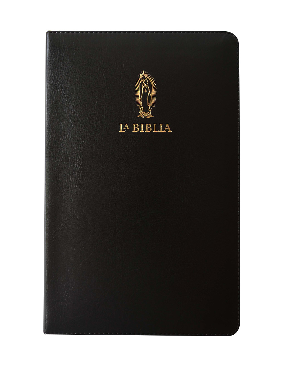 Biblia Católica: Edición letra grande. Símil piel negra, con cremallera, con Virgen de Guadalupe