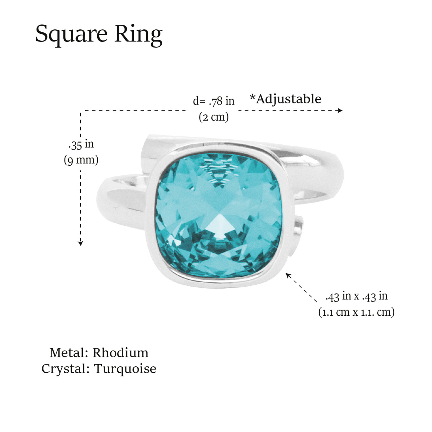 Anillo Cuadro Ajustable Baño de Rodio | Cristal Swarovski Turquesa