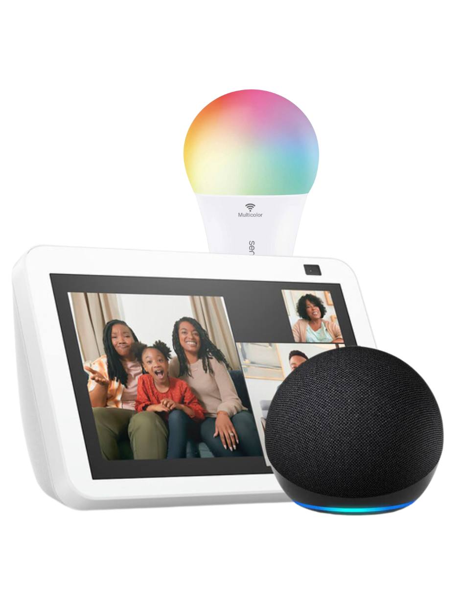 Combo Alexas Echo Dot 5ta Gen (Negro) y Echo Show 8 Pulgadas (Blanco)   2 Focos inteligentes.