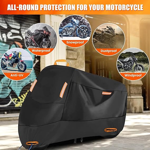 VEKENSEE Funda para Moto Impermeable, 210D Tela Oxford Cubierta de Motocicleta Resistente al Viento Cubierta Protector para Moto Exterior Interior con 4 Tiras Reflectantes y 2 Orificios para Cerradura