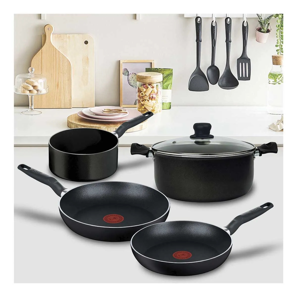 Batería de Cocina T-Fal Vital Antiadherente 5 Piezas Thermo Señal - Negro.