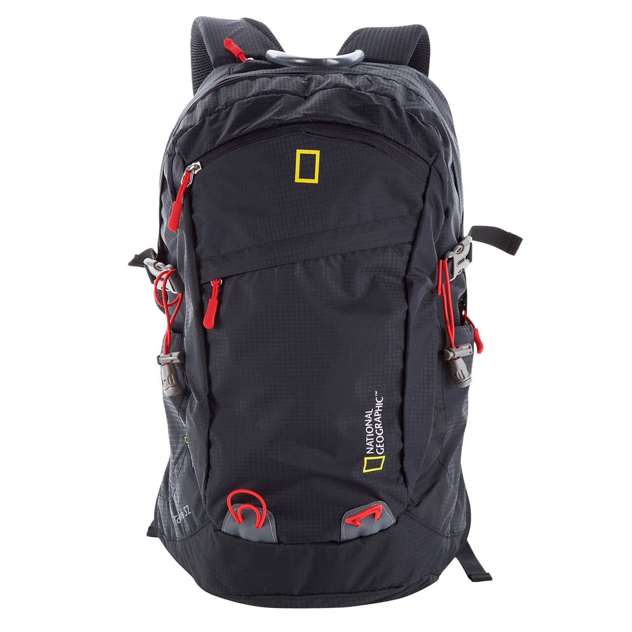 Mochila para montaña Nat Geo, Toscana 32 L con silbato rojo S.O.S., MNG16321, negro con rojo