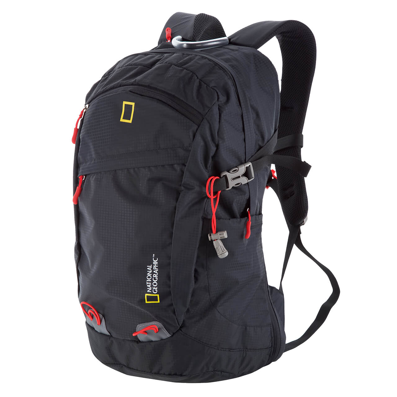 Mochila para montaña Nat Geo, Toscana 32 L con silbato rojo S.O.S., MNG16321, negro con rojo