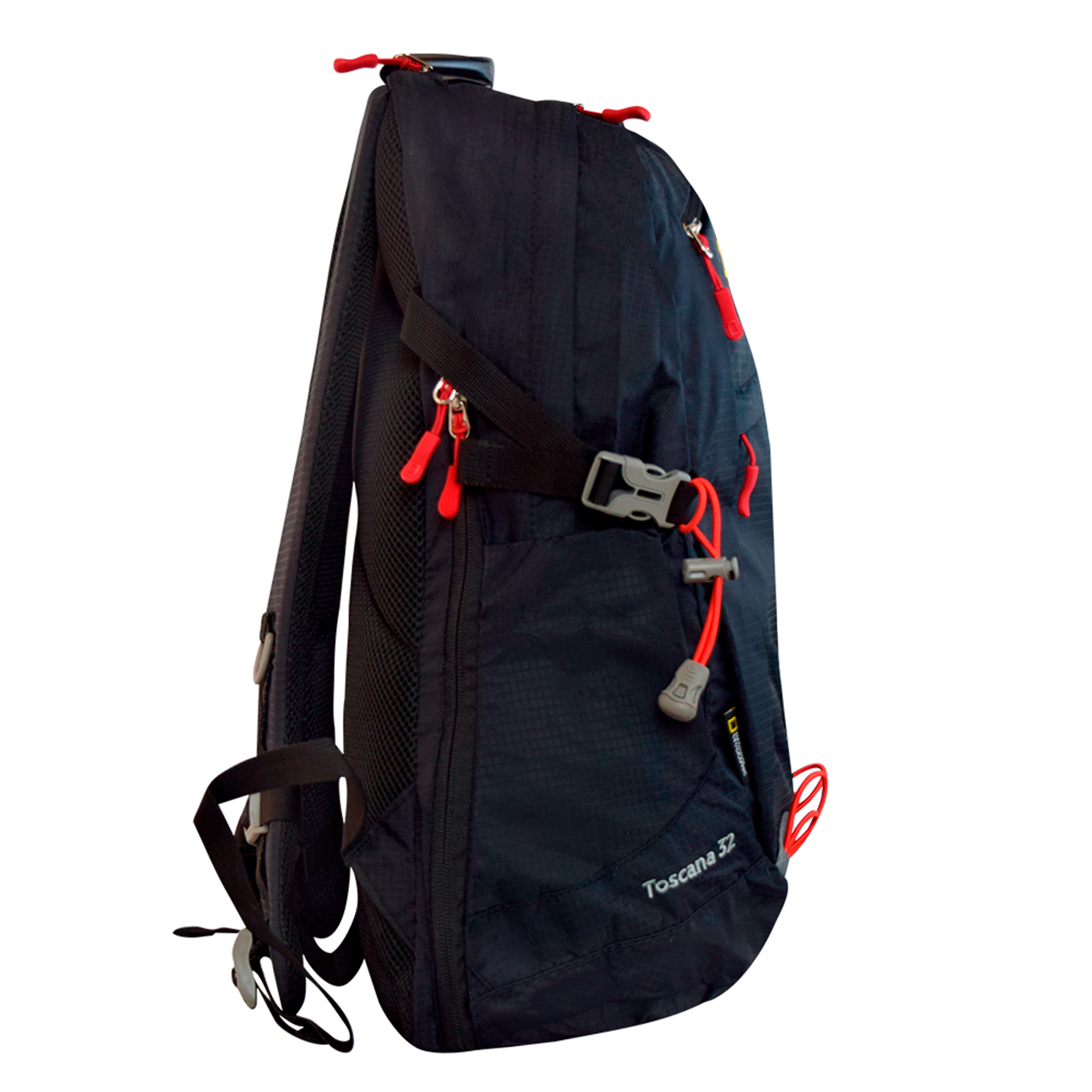 Mochila para montaña Nat Geo, Toscana 32 L con silbato rojo S.O.S., MNG16321, negro con rojo