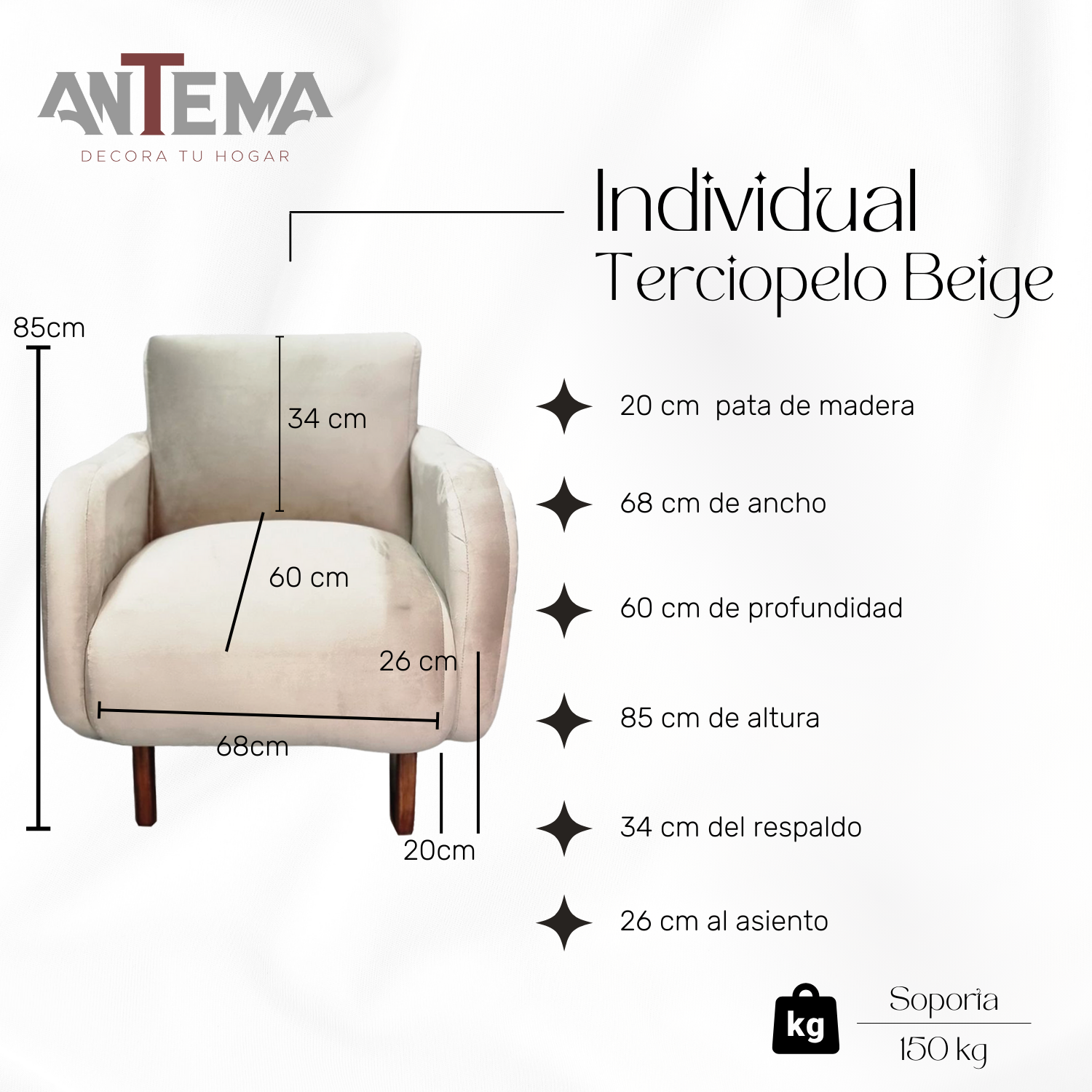 Antema Sillón Sofá Individual Color Beige elegante para toda ocasión, para recepción, salas, oficina, eventos NO es necesario armar, solamente abrir y usar