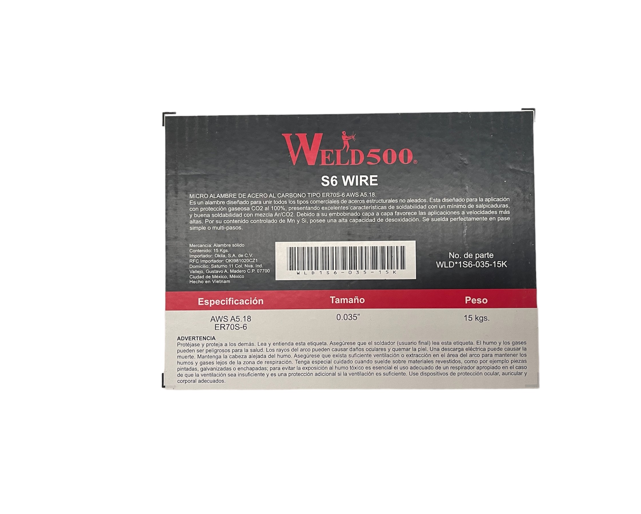 Microalambre Weld500/Okila 0.035, Er70s6. Carrete 15 Kilos.