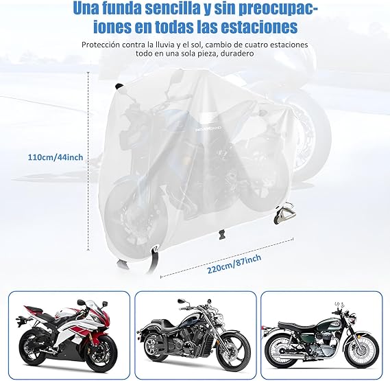 AI-PIKA Cubierta Impermeable para Motocicletas,Prueba de Polvo,Prueba de Escombros,Resistente a la Intemperie,Funda Universal para Motocicleta para Yamaha,Harley,Honda y Otras Motocicletas-Plata