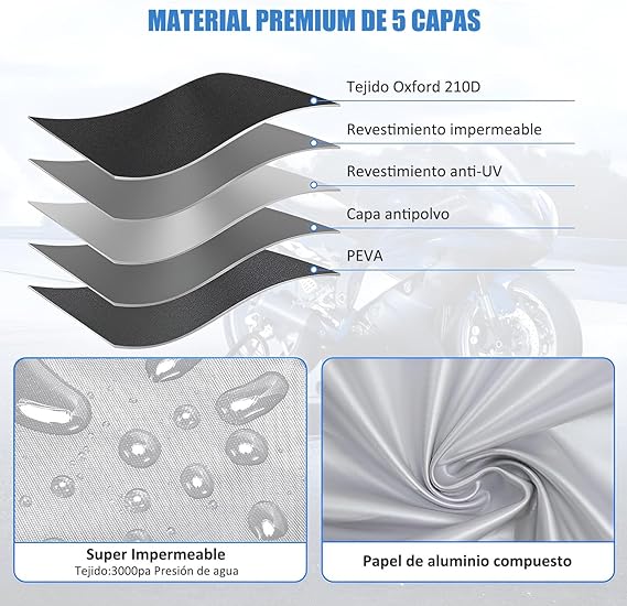 AI-PIKA Cubierta Impermeable para Motocicletas,Prueba de Polvo,Prueba de Escombros,Resistente a la Intemperie,Funda Universal para Motocicleta para Yamaha,Harley,Honda y Otras Motocicletas-Plata