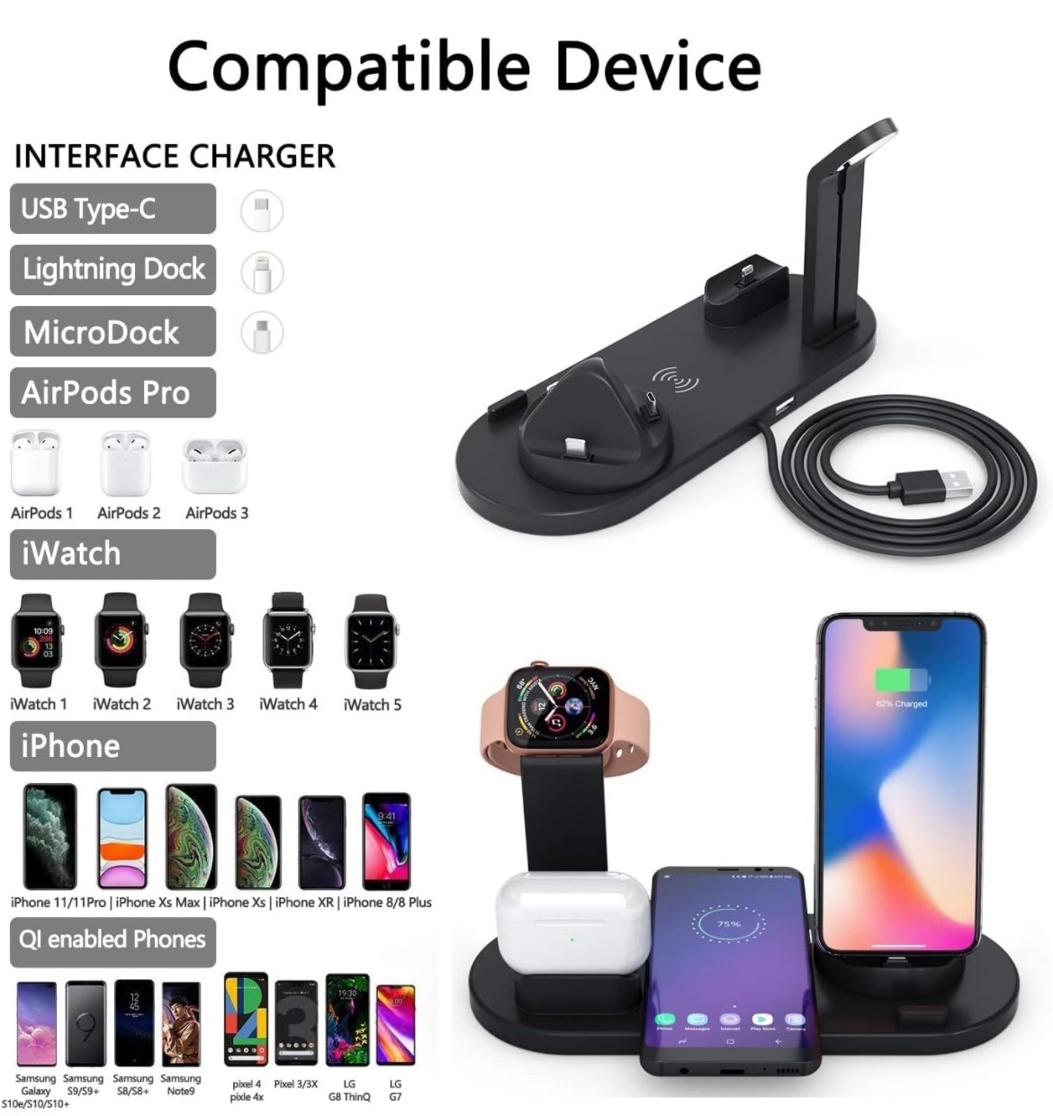 Kamysen Cargador Inalámbrico 6 En 1,soporte De Carga Inalámbrica