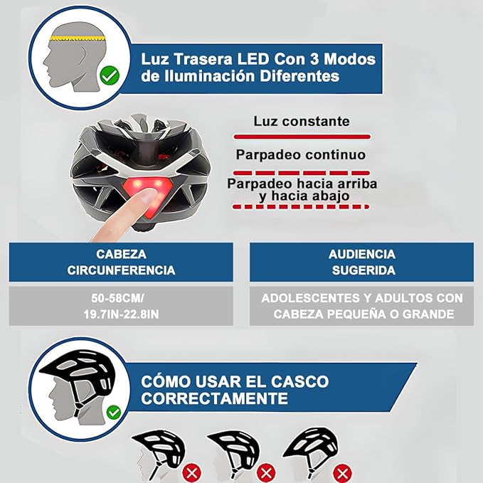 Casco Bicicleta Casco Ciclismo Ultraligero Bicycle Helmet con Luz Trasera LED, Integral Casco Bicicleta de Montaña Carretera Motocicleta para Viajero Urbano Adulto Jóven Hombre Mujer, Tamaño Ajustable
