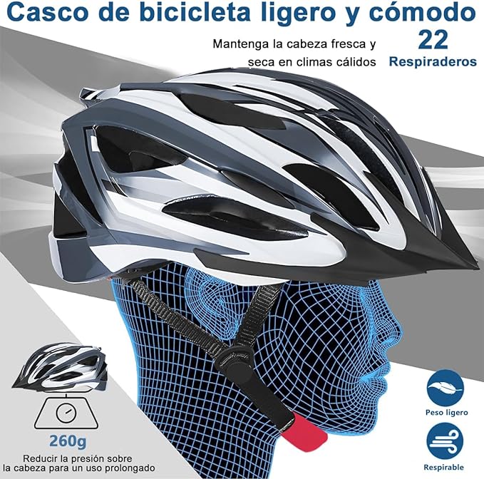 Casco Bicicleta Casco Ciclismo Ultraligero Bicycle Helmet con Luz Trasera LED, Integral Casco Bicicleta de Montaña Carretera Motocicleta para Viajero Urbano Adulto Jóven Hombre Mujer, Tamaño Ajustable