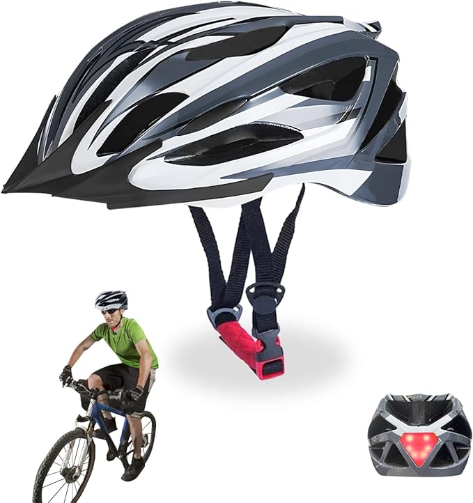 Casco Bicicleta Casco Ciclismo Ultraligero Bicycle Helmet con Luz Trasera LED, Integral Casco Bicicleta de Montaña Carretera Motocicleta para Viajero Urbano Adulto Jóven Hombre Mujer, Tamaño Ajustable