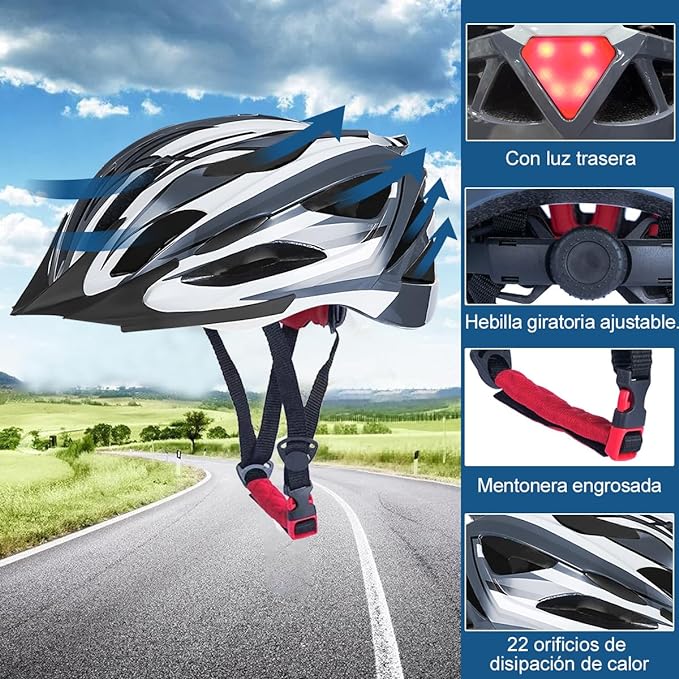 Casco Bicicleta Casco Ciclismo Ultraligero Bicycle Helmet con Luz Trasera LED, Integral Casco Bicicleta de Montaña Carretera Motocicleta para Viajero Urbano Adulto Jóven Hombre Mujer, Tamaño Ajustable