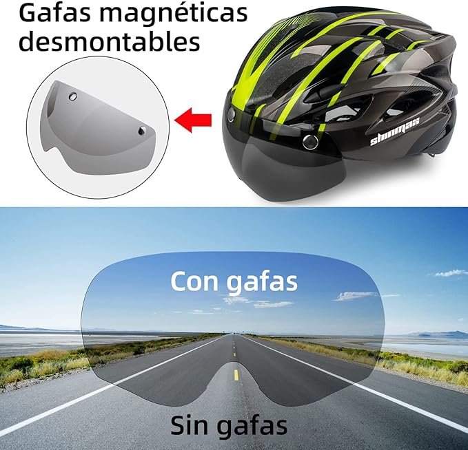 Shinmax Casco bicicleta, Casco para Bicicleta con gafas extraíbles y luz trasera LED, casco bicicleta de carretera especializado, casco bicicleta montaña ajustable/ligero ultraligero para hombres y mujeres casco ciclismo SM-T13