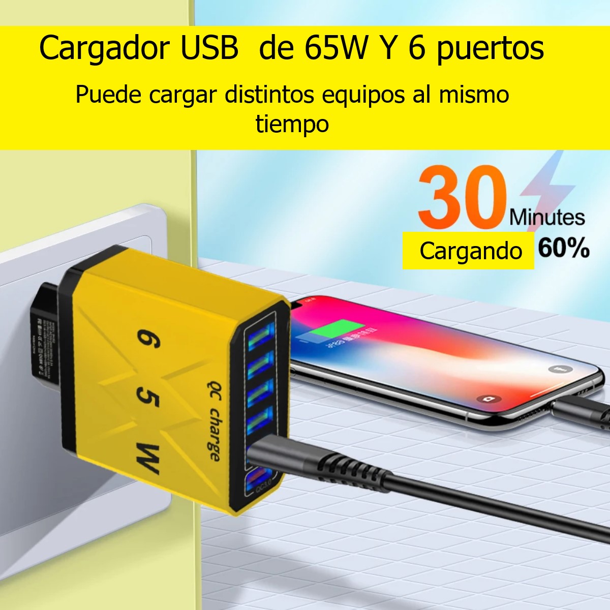 Cargador USB 6 puertos negro led adaptador carga rápida 3.0 65W teléfono iPhone Samsung Xiaomi