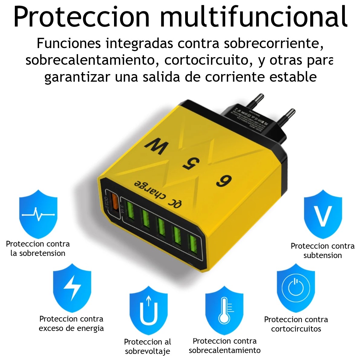 Cargador USB 6 puertos negro led adaptador carga rápida 3.0 65W teléfono iPhone Samsung Xiaomi