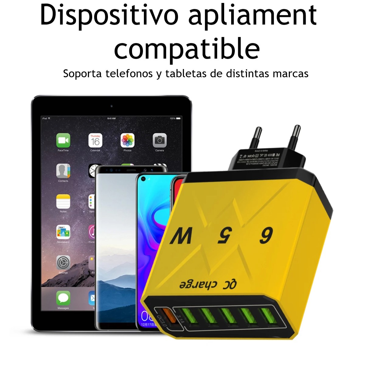 Cargador USB 6 puertos negro led adaptador carga rápida 3.0 65W teléfono iPhone Samsung Xiaomi
