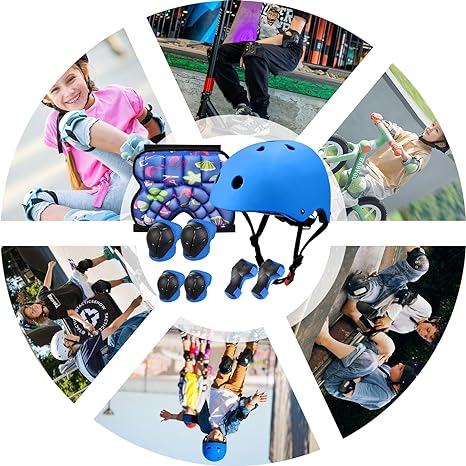 DGGTW Equipo de Protección con Casco Bicicleta,Rodilleras Patinaje,Almohadilla Glútea,Coderas y Protectores,para Skate Ciclismo Patinaje y Otros Deportes Extremos(Azul)