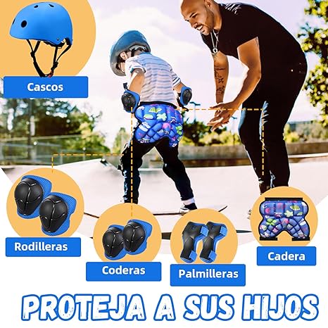 DGGTW Equipo de Protección con Casco Bicicleta,Rodilleras Patinaje,Almohadilla Glútea,Coderas y Protectores,para Skate Ciclismo Patinaje y Otros Deportes Extremos(Azul)