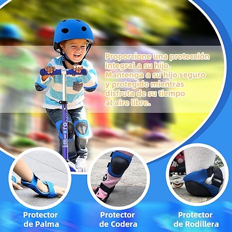 DGGTW Equipo de Protección con Casco Bicicleta,Rodilleras Patinaje,Almohadilla Glútea,Coderas y Protectores,para Skate Ciclismo Patinaje y Otros Deportes Extremos(Azul)