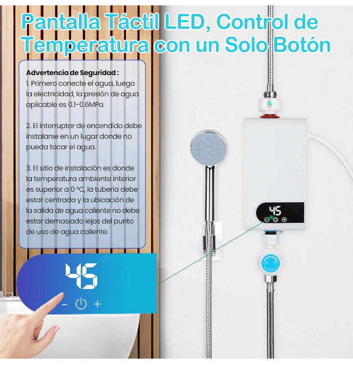Calentador de agua instantáneo eléctrico pantalla táctil ajustable 3500W