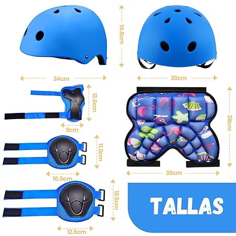 DGGTW Equipo de Protección con Casco Bicicleta,Rodilleras Patinaje,Almohadilla Glútea,Coderas y Protectores,para Skate Ciclismo Patinaje y Otros Deportes Extremos(Azul)