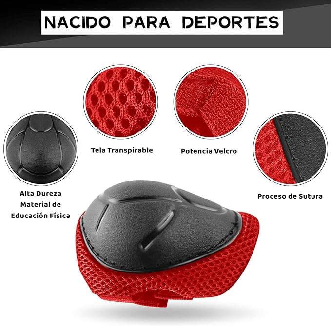 Protecciones Patines Para Bicicleta Niño, Niños Ciclismo Rodillo Patinaje Rodilla, Rodilleras + Muñequeras + Casco de Patinaje de Niños – Roja/Tamaño Ajustable (50-60CM), Apto Para Monopatín, Ciclismo, Mini Bike Riding Y Otros Deportes Extremos