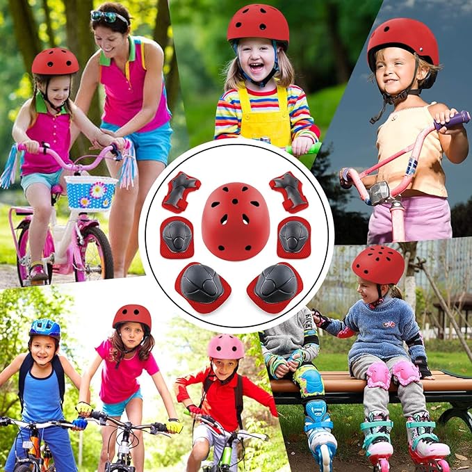 Protecciones Patines Para Bicicleta Niño, Niños Ciclismo Rodillo Patinaje Rodilla, Rodilleras + Muñequeras + Casco de Patinaje de Niños – Roja/Tamaño Ajustable (50-60CM), Apto Para Monopatín, Ciclismo, Mini Bike Riding Y Otros Deportes Extremos