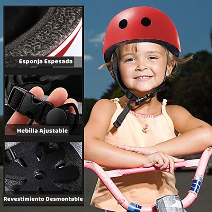 Protecciones Patines Para Bicicleta Niño, Niños Ciclismo Rodillo Patinaje Rodilla, Rodilleras + Muñequeras + Casco de Patinaje de Niños – Roja/Tamaño Ajustable (50-60CM), Apto Para Monopatín, Ciclismo, Mini Bike Riding Y Otros Deportes Extremos