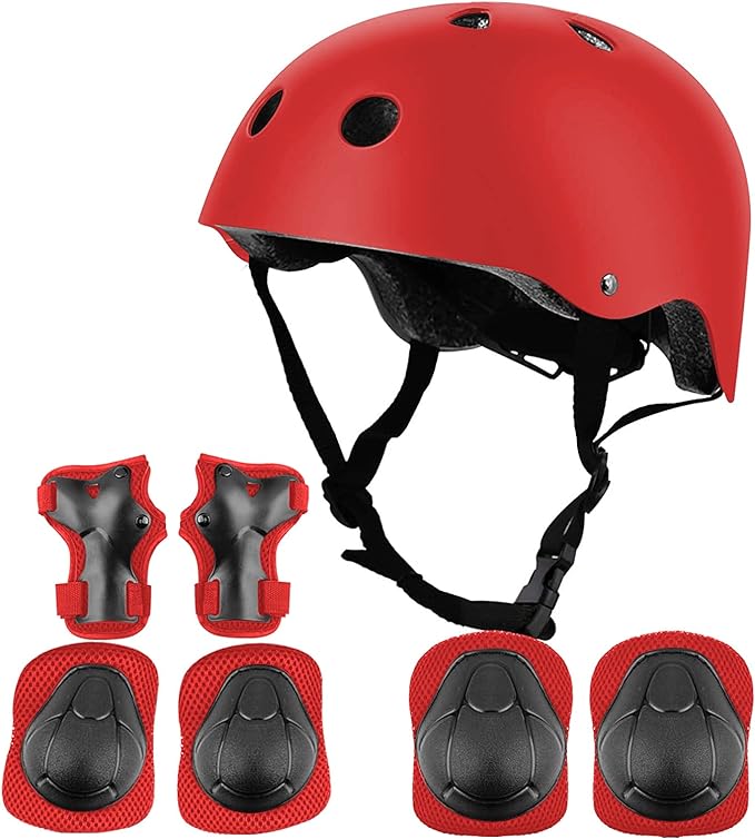 Protecciones Patines Para Bicicleta Niño, Niños Ciclismo Rodillo Patinaje Rodilla, Rodilleras + Muñequeras + Casco de Patinaje de Niños – Roja/Tamaño Ajustable (50-60CM), Apto Para Monopatín, Ciclismo, Mini Bike Riding Y Otros Deportes Extremos