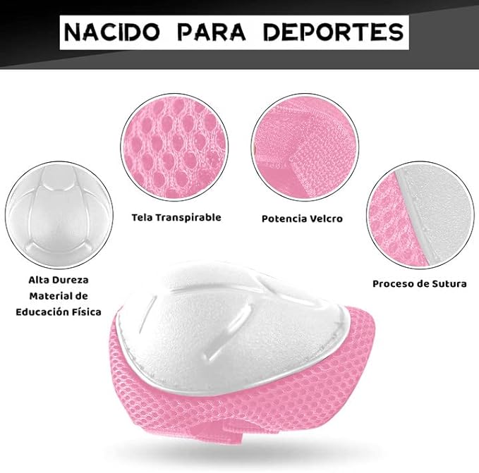 Protecciones Patines Para Bicicleta Niño, Niños Ciclismo Rodillo Patinaje Rodilla, Rodilleras + Muñequeras + Casco de Patinaje de Niños – Rosa/Tamaño Ajustable (50-60CM), Apto Para Monopatín, Ciclismo, Mini Bike Riding Y Otros Deportes Extremos