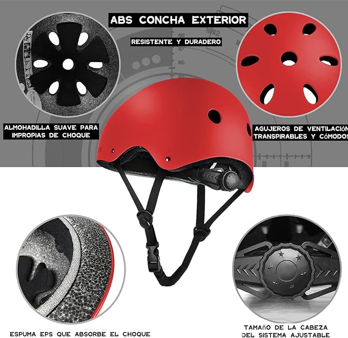Protecciones Patines Para Bicicleta Niño, Niños Ciclismo Rodillo Patinaje Rodilla, Rodilleras + Muñequeras + Casco de Patinaje de Niños – Roja/Tamaño Ajustable (50-60CM), Apto Para Monopatín, Ciclismo, Mini Bike Riding Y Otros Deportes Extremos