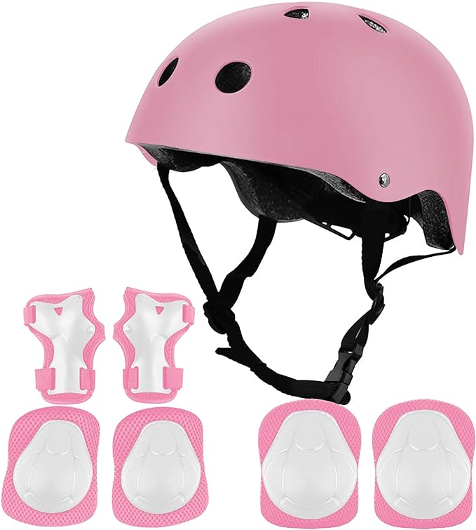 Protecciones Patines Para Bicicleta Niño, Niños Ciclismo Rodillo Patinaje Rodilla, Rodilleras + Muñequeras + Casco de Patinaje de Niños – Rosa/Tamaño Ajustable (50-60CM), Apto Para Monopatín, Ciclismo, Mini Bike Riding Y Otros Deportes Extremos