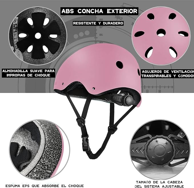 Protecciones Patines Para Bicicleta Niño, Niños Ciclismo Rodillo Patinaje Rodilla, Rodilleras + Muñequeras + Casco de Patinaje de Niños – Rosa/Tamaño Ajustable (50-60CM), Apto Para Monopatín, Ciclismo, Mini Bike Riding Y Otros Deportes Extremos