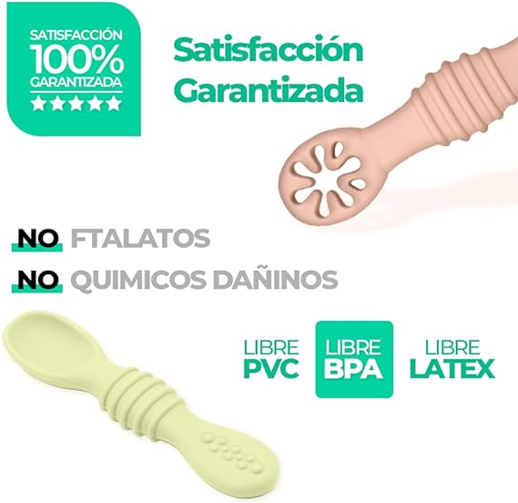 uunida baby 4 Cucharas para Bebe Suaves de Silicona Libre de BPA - 2 en 1 Cuchara y Mordedera para Bebe - Kit de Alimentacion Complementaria Bebe - Precucharas para Bebe (BLW) (2 Pre y 2 Cucharas)