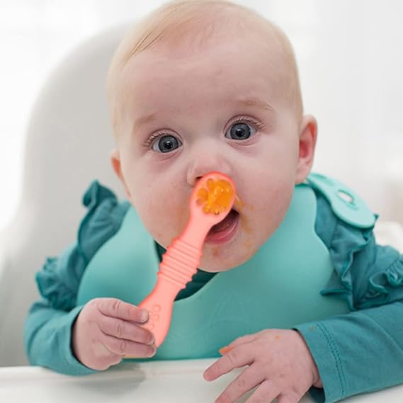 uunida baby 4 Cucharas para Bebe Suaves de Silicona Libre de BPA - 2 en 1 Cuchara y Mordedera para Bebe - Kit de Alimentacion Complementaria Bebe - Precucharas para Bebe (BLW) (2 Pre y 2 Cucharas)