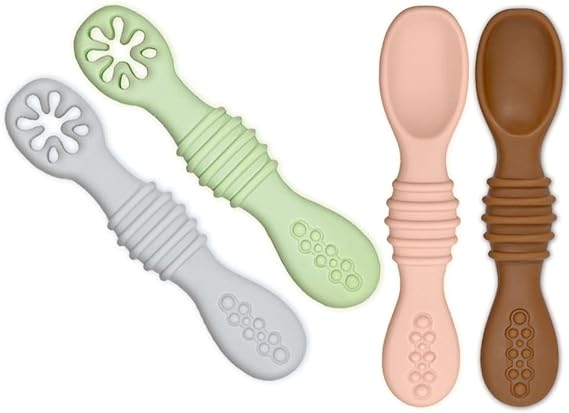 uunida baby 4 Cucharas para Bebe Suaves de Silicona Libre de BPA - 2 en 1 Cuchara y Mordedera para Bebe - Kit de Alimentacion Complementaria Bebe - Precucharas para Bebe (BLW) (2 Pre y 2 Cucharas)