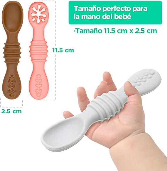 uunida baby 4 Cucharas para Bebe Suaves de Silicona Libre de BPA - 2 en 1 Cuchara y Mordedera para Bebe - Kit de Alimentacion Complementaria Bebe - Precucharas para Bebe (BLW) (2 Pre y 2 Cucharas)