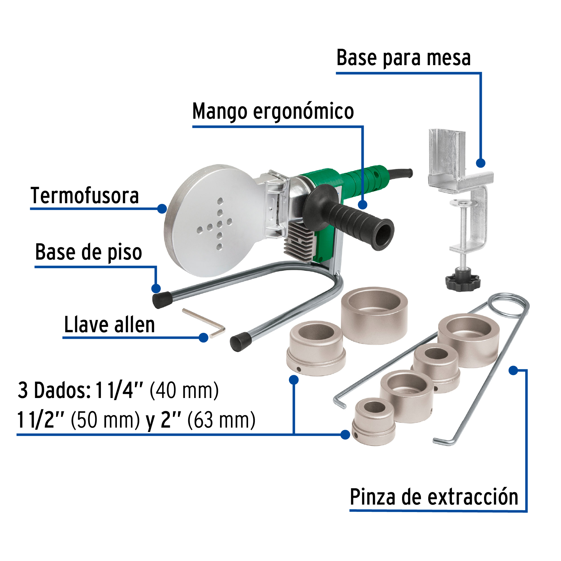 TERMOFUSORA PPR TUBO PLUS TUBERIA  1,000 W CON DADOS DE 40, 50 , Y 63 MM 