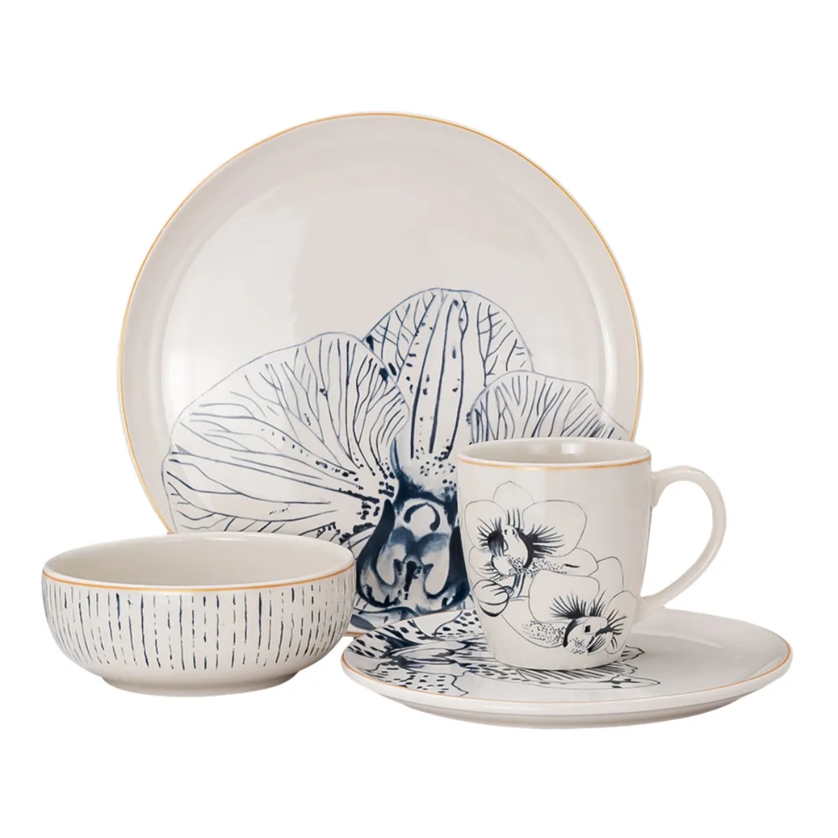 Vajilla de Cerámica Corona Cattleya 4 Personas Decorada - Blanco.