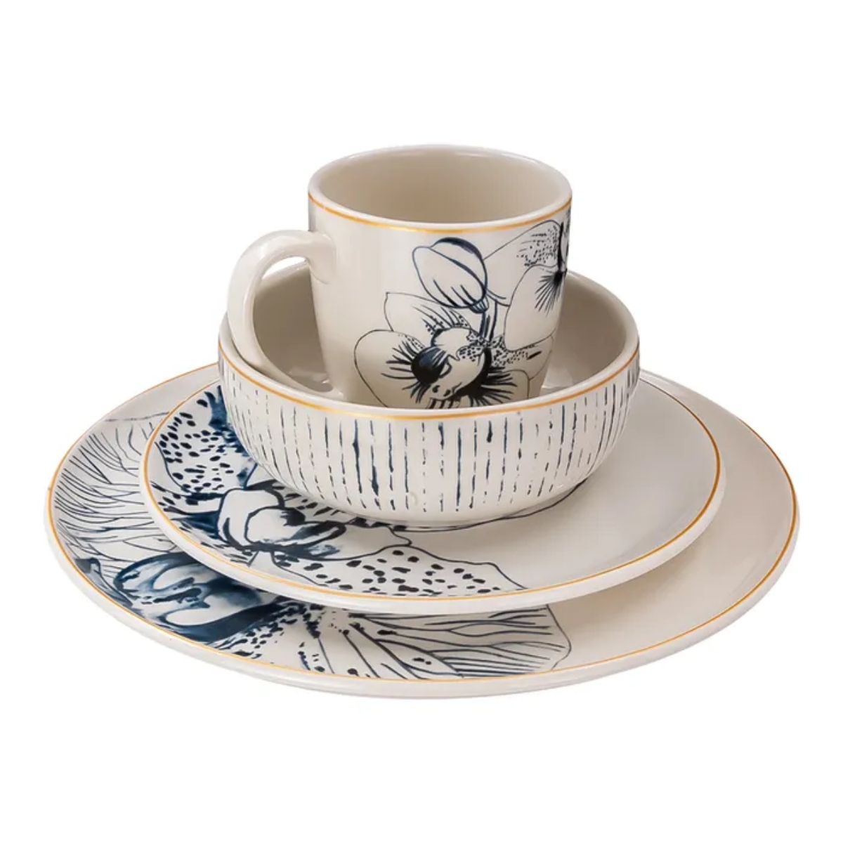 Vajilla de Cerámica Corona Cattleya 4 Personas Decorada - Blanco.