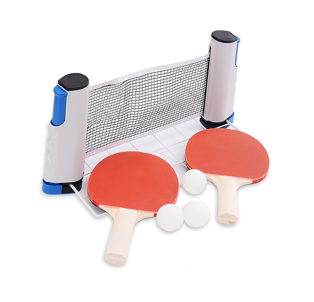 Set de Ping Pong Portátil con Red Retráctil, 3 Pelotas y 2 Raquetas (azul y gris)
