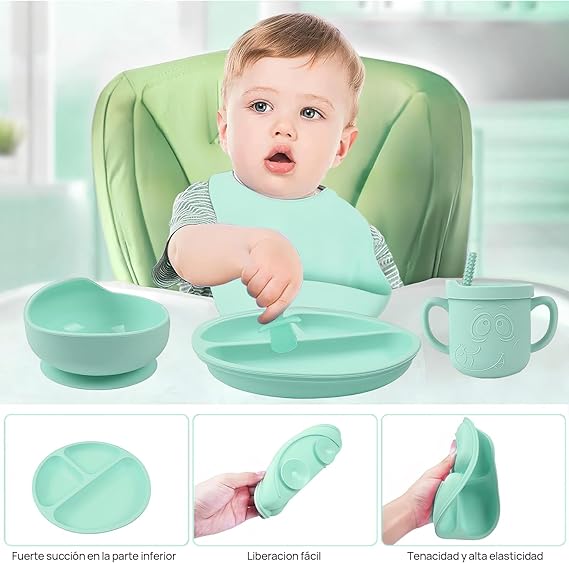 QILAY 10 pzas baby Platos Vajilla Silicona，Sin BPA Set de Alimentación para Bebé para Bebe Antivuelco，Incluye Cucharas para Bebe，Baberos para Bebe，Kit de Alimentacion Complementaria Bebe (verde menta)