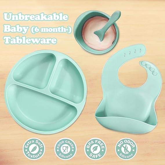 QILAY 10 pzas baby Platos Vajilla Silicona，Sin BPA Set de Alimentación para Bebé para Bebe Antivuelco，Incluye Cucharas para Bebe，Baberos para Bebe，Kit de Alimentacion Complementaria Bebe (verde menta)