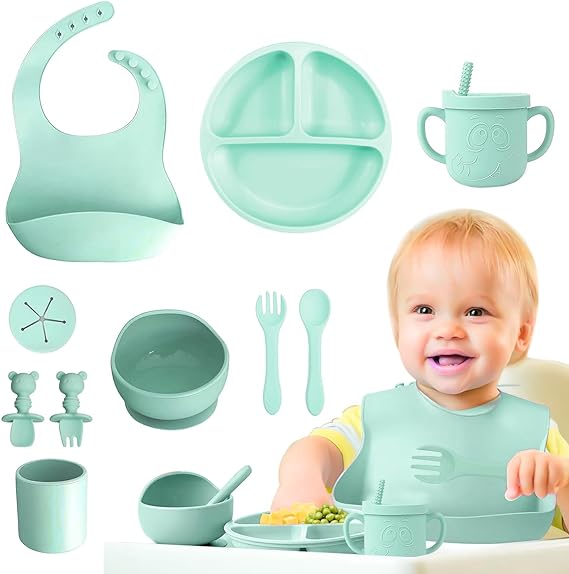 QILAY 10 pzas baby Platos Vajilla Silicona，Sin BPA Set de Alimentación para Bebé para Bebe Antivuelco，Incluye Cucharas para Bebe，Baberos para Bebe，Kit de Alimentacion Complementaria Bebe (verde menta)