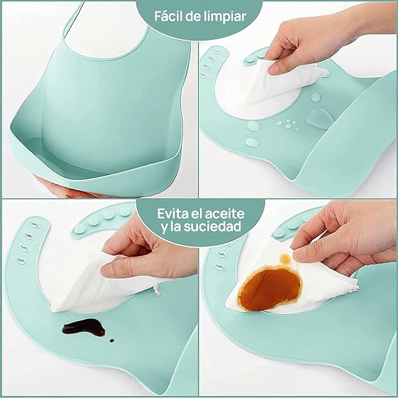 QILAY 10 pzas baby Platos Vajilla Silicona，Sin BPA Set de Alimentación para Bebé para Bebe Antivuelco，Incluye Cucharas para Bebe，Baberos para Bebe，Kit de Alimentacion Complementaria Bebe (verde menta)