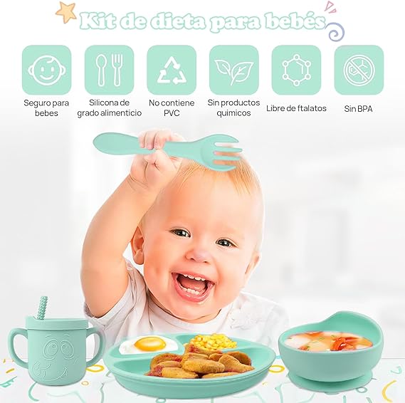 QILAY 10 pzas baby Platos Vajilla Silicona，Sin BPA Set de Alimentación para Bebé para Bebe Antivuelco，Incluye Cucharas para Bebe，Baberos para Bebe，Kit de Alimentacion Complementaria Bebe (verde menta)