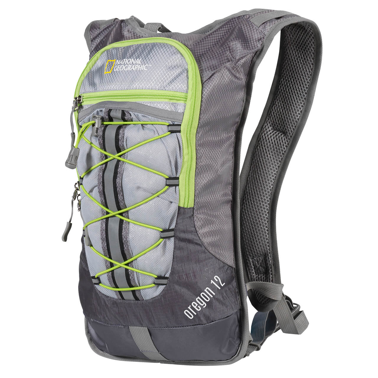 Mochila de hidratación Nat Geo, Oregon 12 L con silbato negro S.O.S., HNG0121, gris con verde.