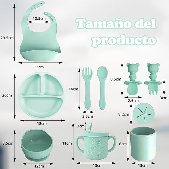 QILAY 10 pzas baby Platos Vajilla Silicona，Sin BPA Set de Alimentación para Bebé para Bebe Antivuelco，Incluye Cucharas para Bebe，Baberos para Bebe，Kit de Alimentacion Complementaria Bebe (verde menta)